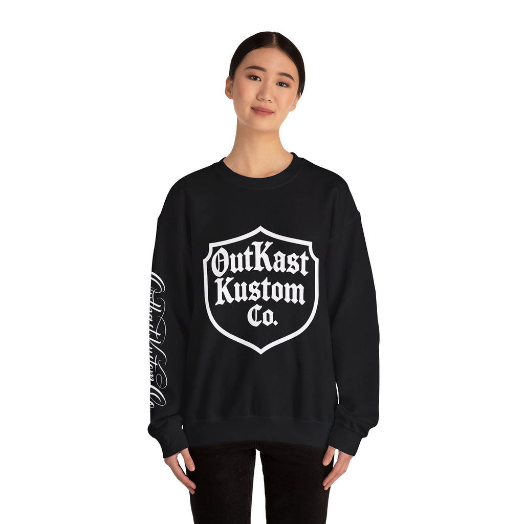 OutKast Kustom Co. shield logo Crewneck Sweatshirt | Script back logo, sleeve script