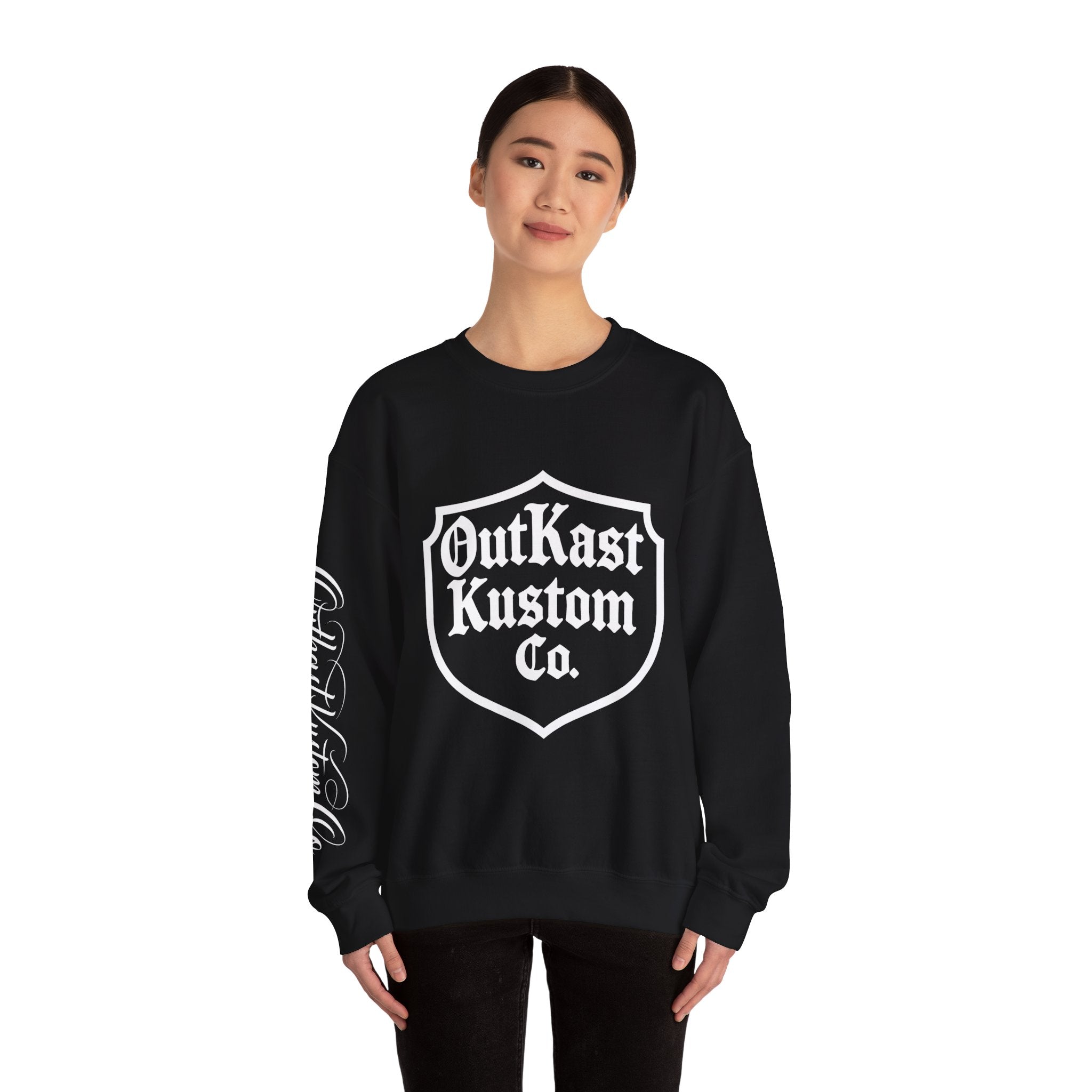 OutKast Kustom Co. shield logo Crewneck Sweatshirt | Script back logo, sleeve script