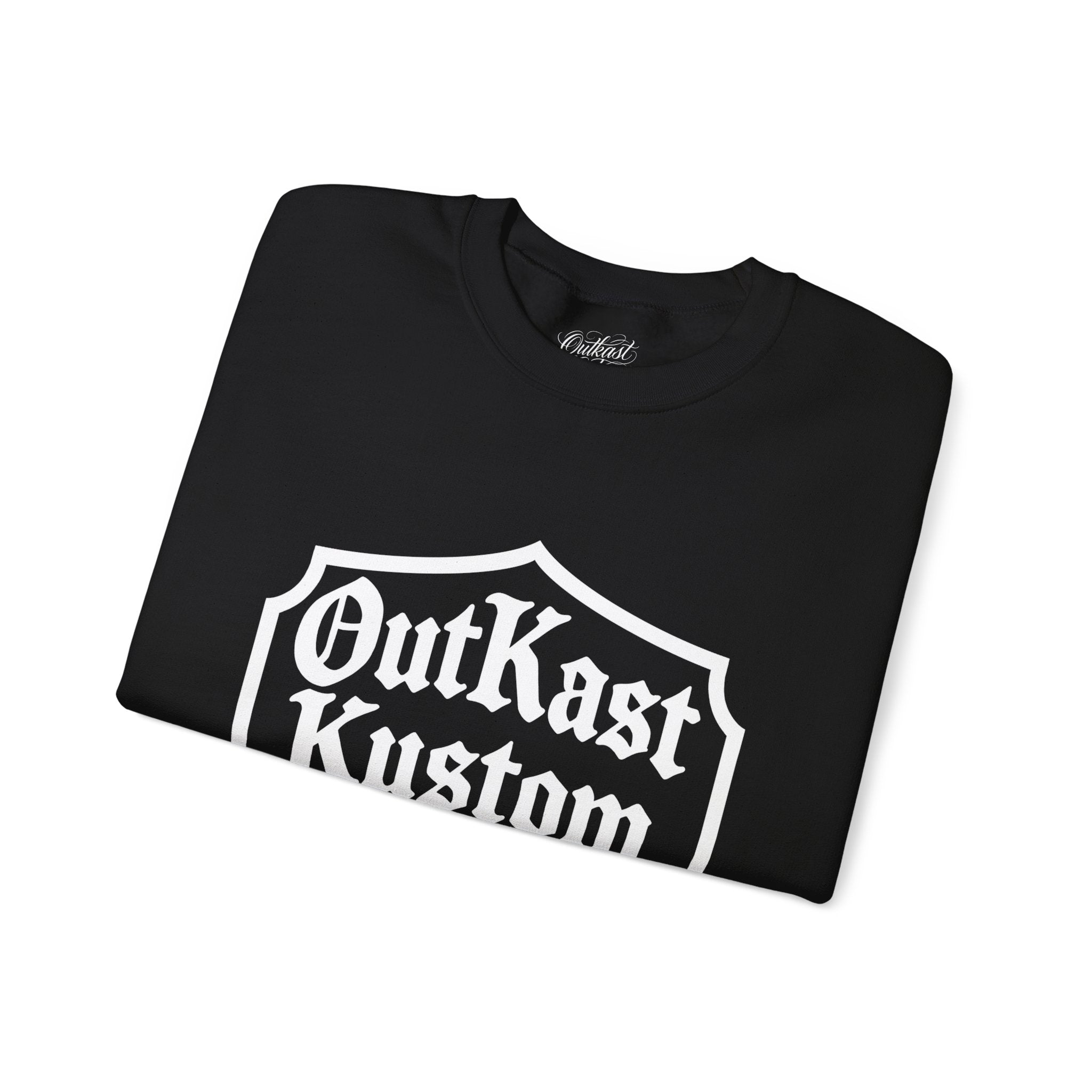 OutKast Kustom Co. shield logo Crewneck Sweatshirt | Script back logo, sleeve script