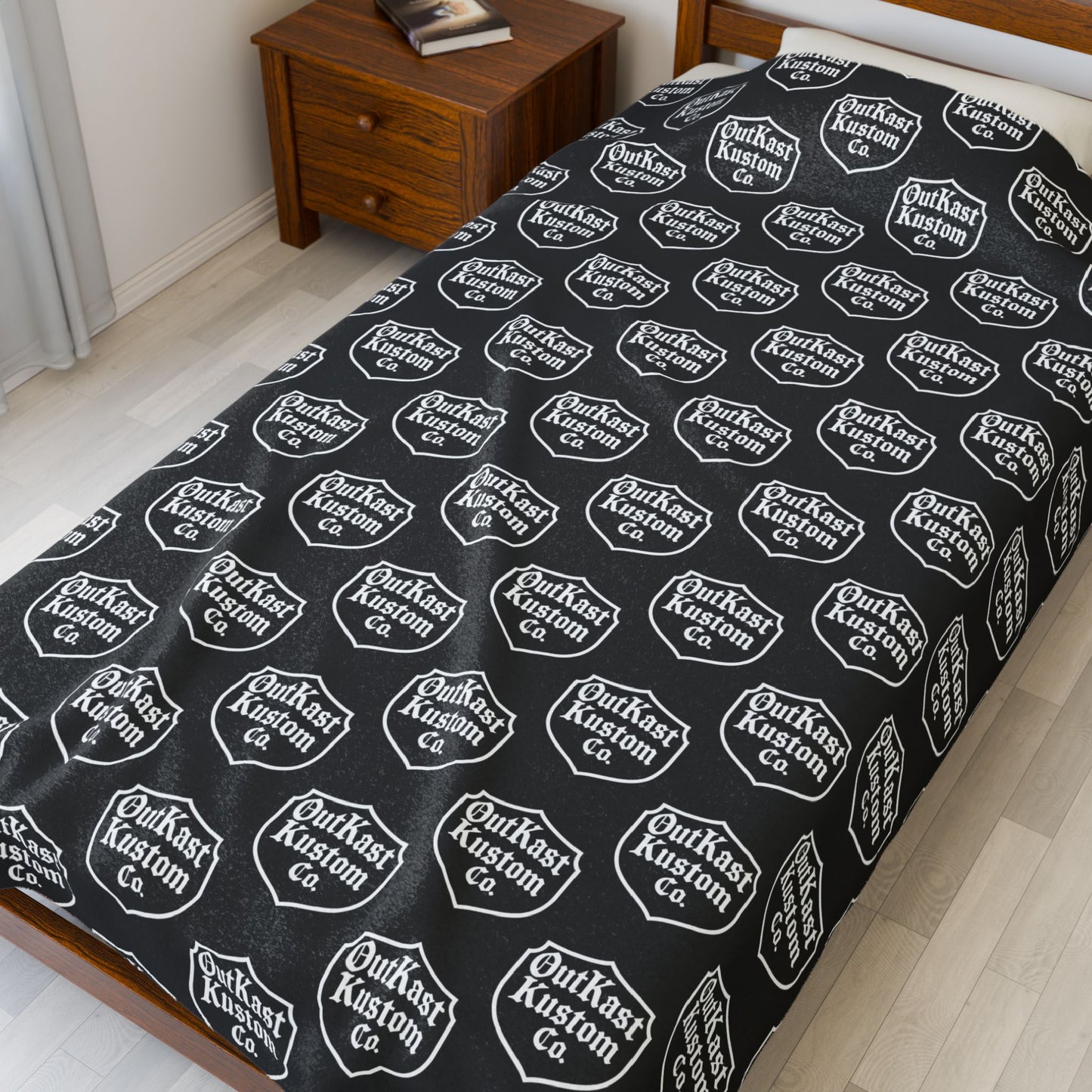 OutKast Kustom Co Logo Pattern Velveteen Plush Blanket | Repeating Emblem Design