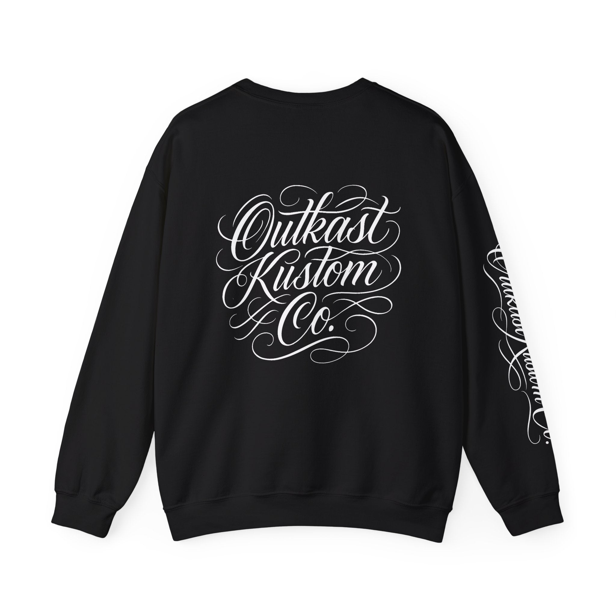 OutKast Kustom Co. shield logo Crewneck Sweatshirt | Script back logo, sleeve script