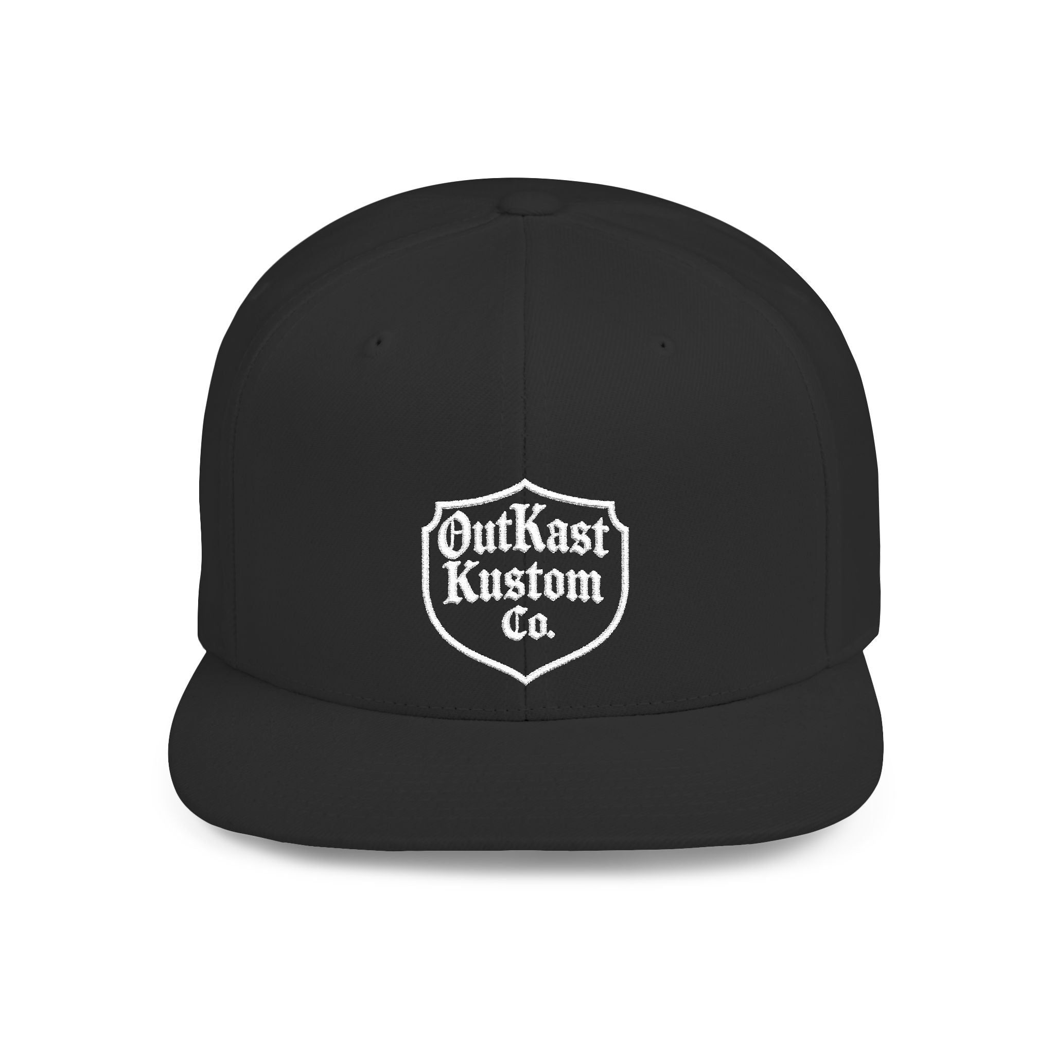 OutKast Kustom Co. Shield logo Flat Bill Snapback | Embroidered Black Cap