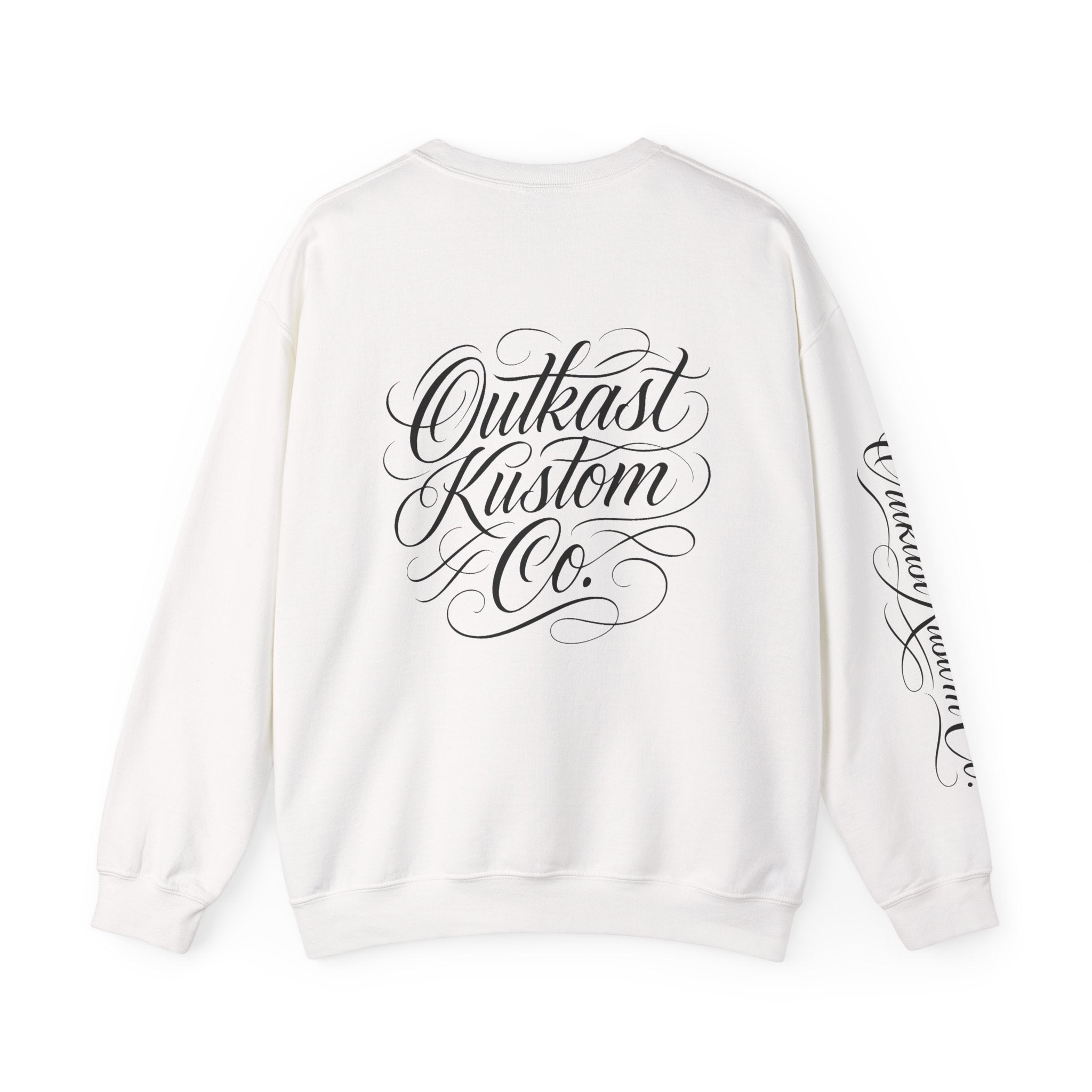 OutKast Kustom Co. shield logo Crewneck Sweatshirt | Script back logo, sleeve script