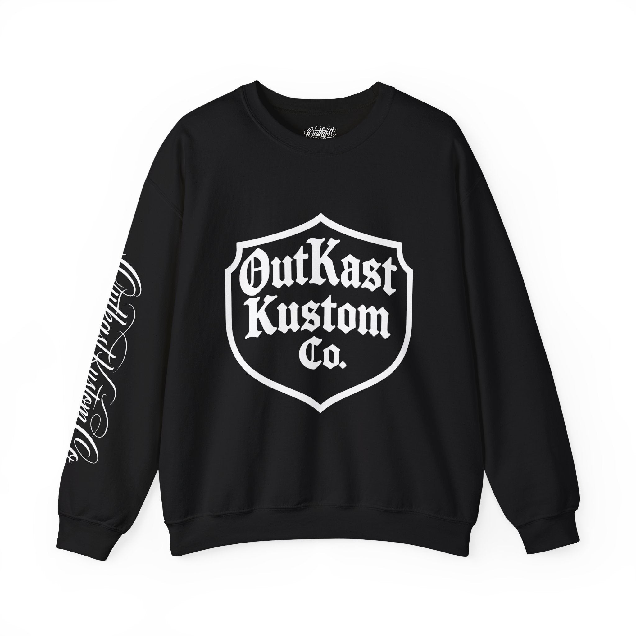 OutKast Kustom Co. shield logo Crewneck Sweatshirt | Script back logo, sleeve script