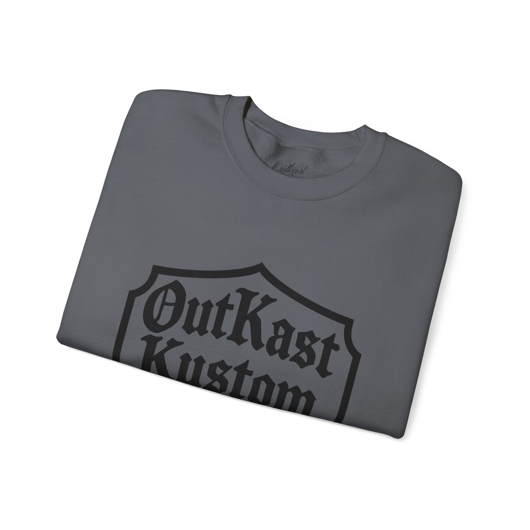 OutKast Kustom Co. shield logo Crewneck Sweatshirt | Script back logo, sleeve script