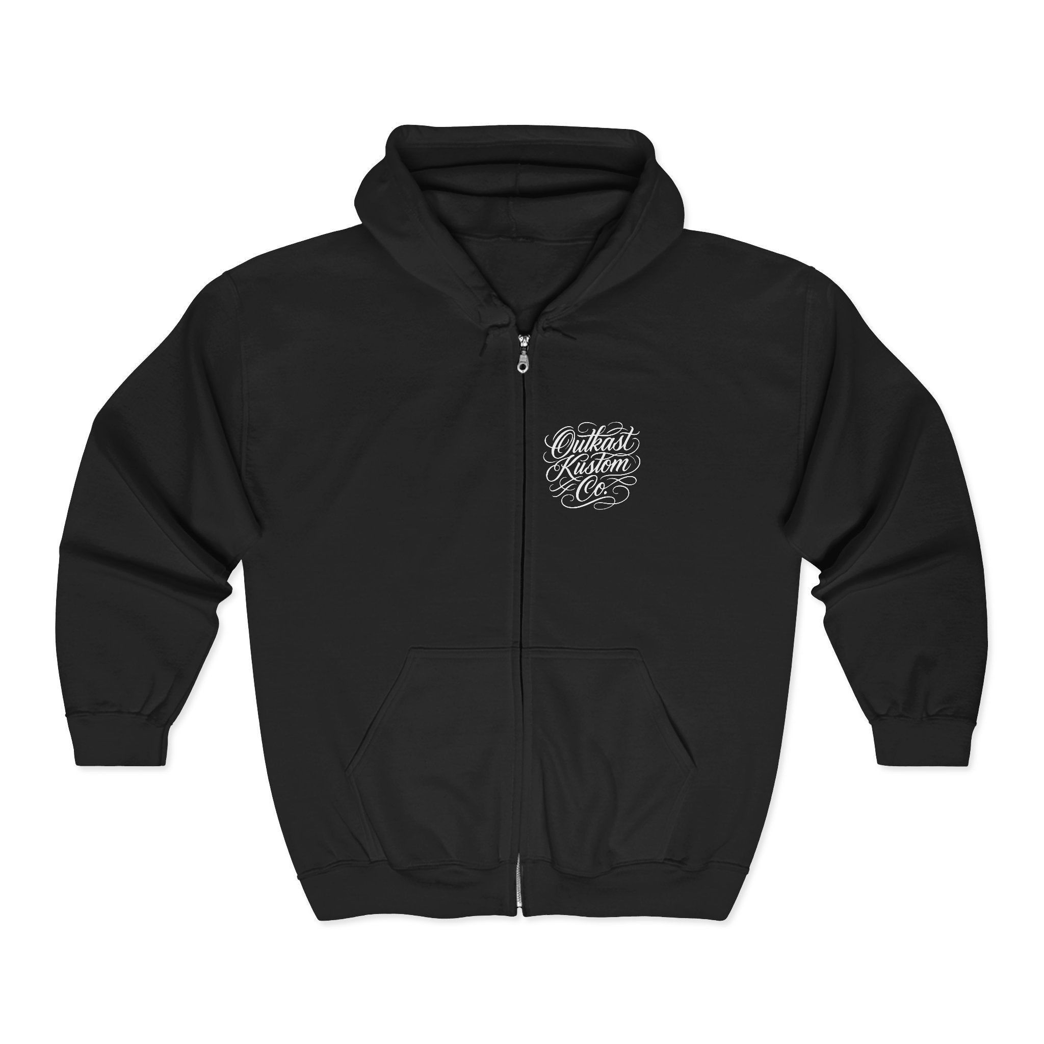 OutKast Kustom Co. Zip Hoodie — Classic Black Full-Zip Hooded Sweatshirt