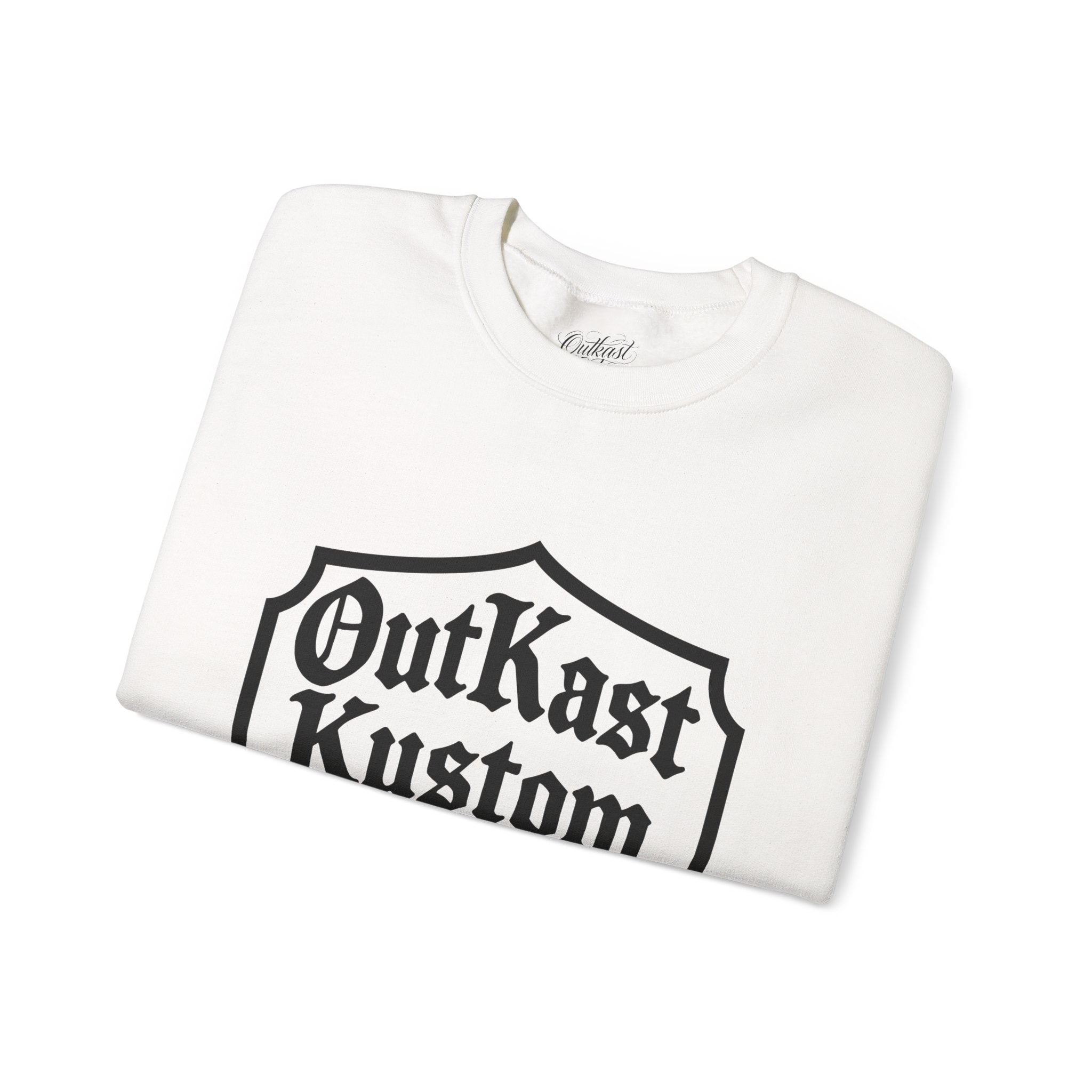 OutKast Kustom Co. shield logo Crewneck Sweatshirt | Script back logo, sleeve script