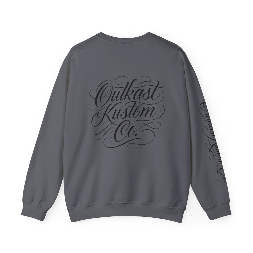 OutKast Kustom Co. shield logo Crewneck Sweatshirt | Script back logo, sleeve script