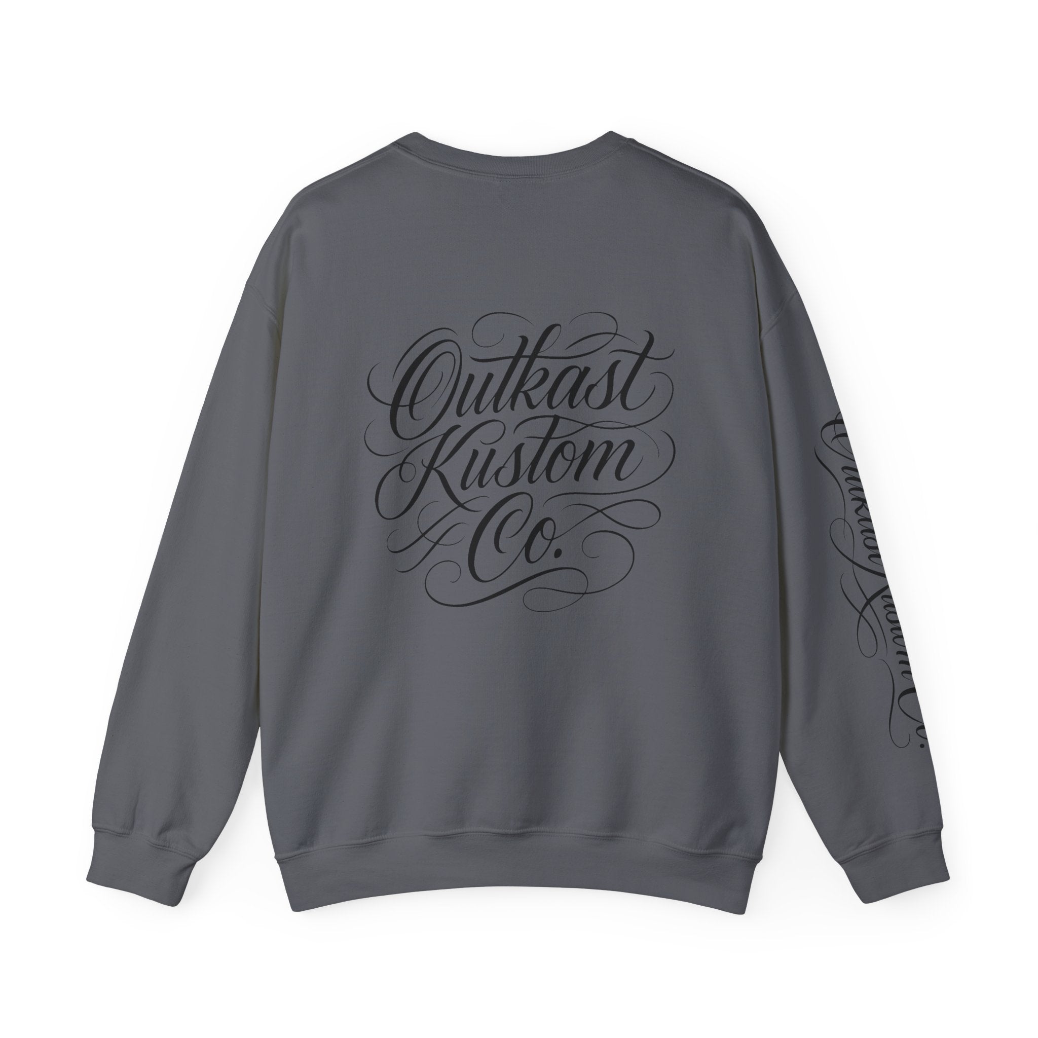 OutKast Kustom Co. shield logo Crewneck Sweatshirt | Script back logo, sleeve script