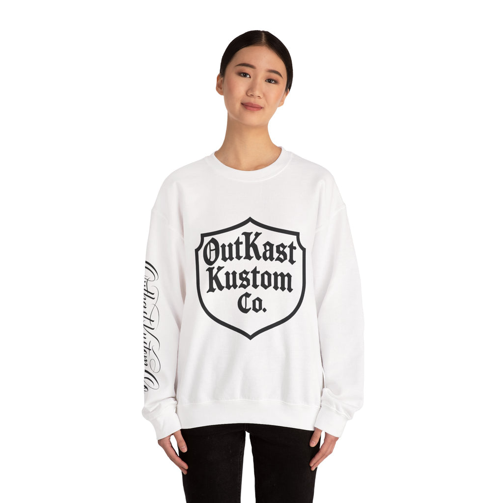 OutKast Kustom Co. shield logo Crewneck Sweatshirt | Script back logo, sleeve script