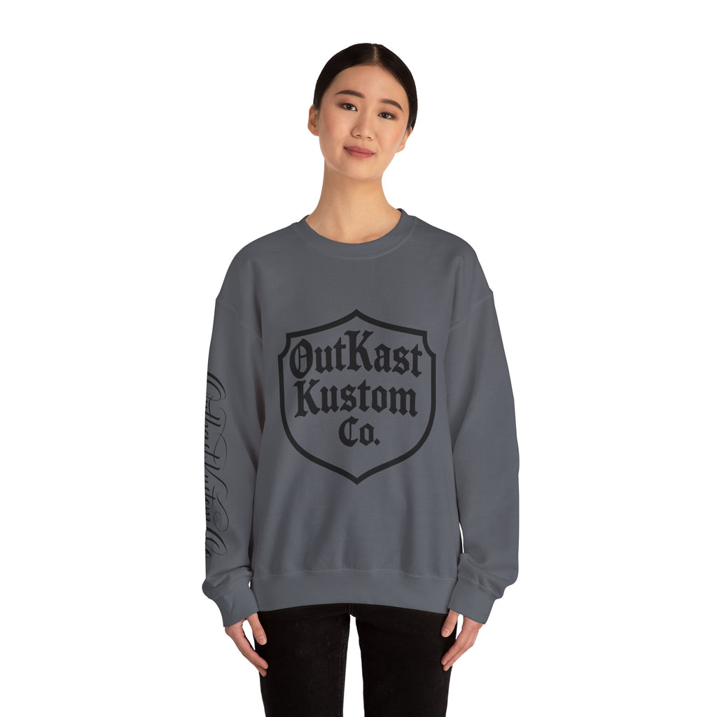 OutKast Kustom Co. shield logo Crewneck Sweatshirt | Script back logo, sleeve script